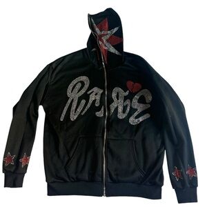 Rare Rhinestone Zip-Up Hoodie – Black with Red and Silver Star Design, Size L